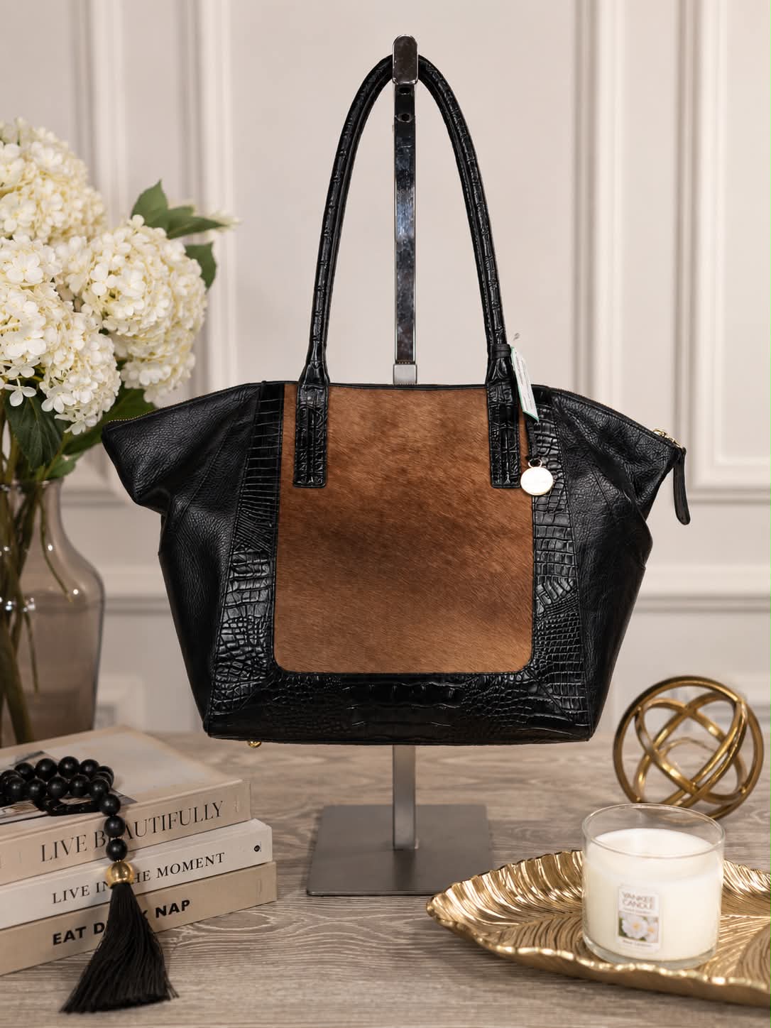 Brahmin Black Embossed Calf Hair Tote