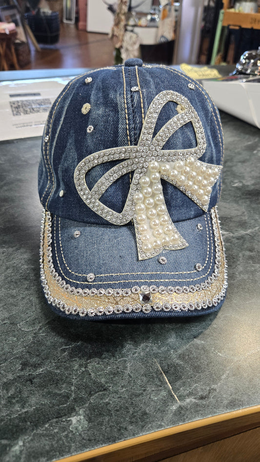 Denim Ball Cap w/Rhinestone Bow