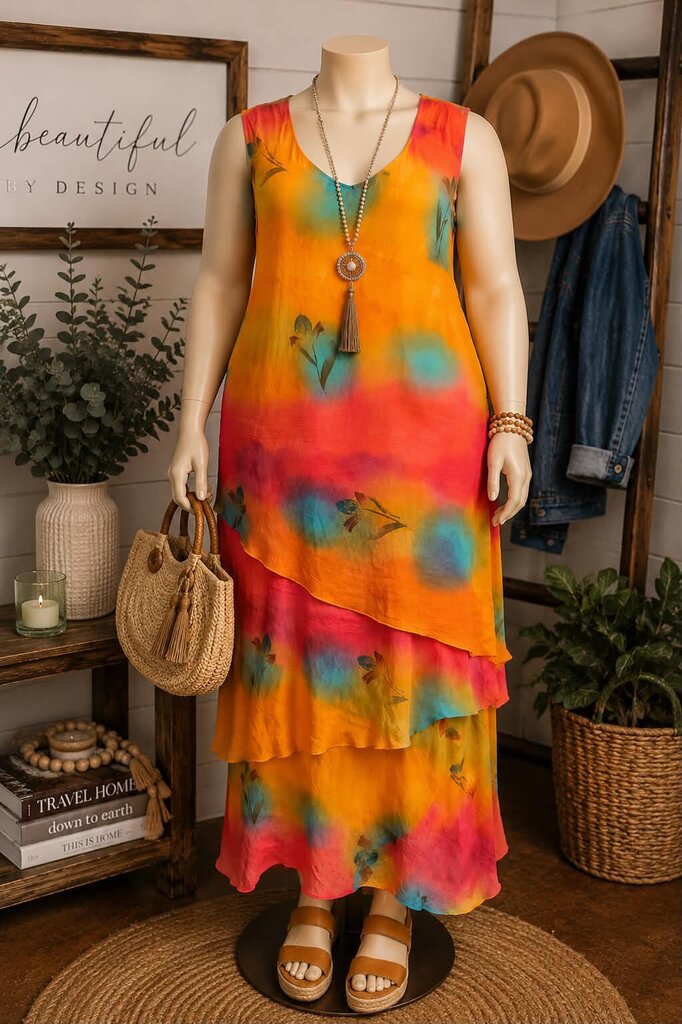 Yellow Multi Chiffon Lined Sleeveless Dress Size 2X