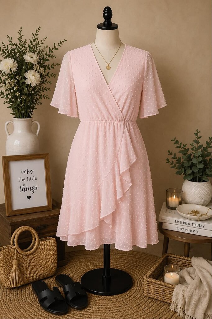 Solid Pink Swiss Dot Dress Size L NEW!!