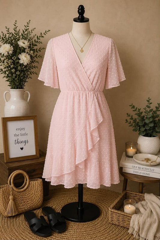 Solid Pink Swiss Dot Dress Size L NEW!!