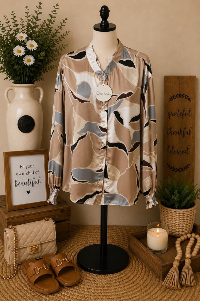 Chenault Tan Print Satin Top Size M