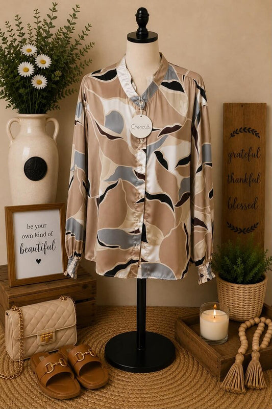 Chenault Tan Print Satin Top Size M