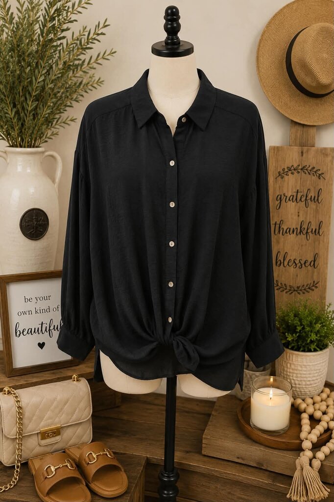The Line Of Style Black Satin Button Top Size L NEW!!