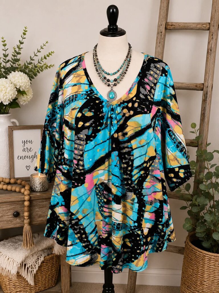 Avenue Women's Turquoise Multi Print Top Size 4X