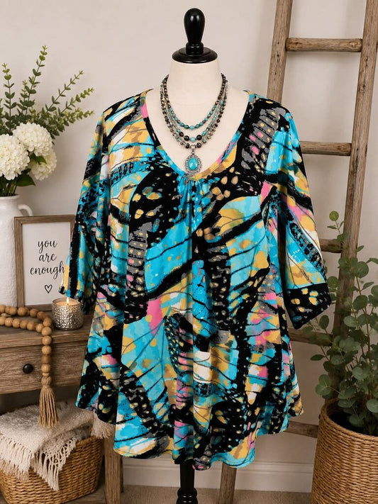 Avenue Women's Turquoise Multi Print Top Size 4X