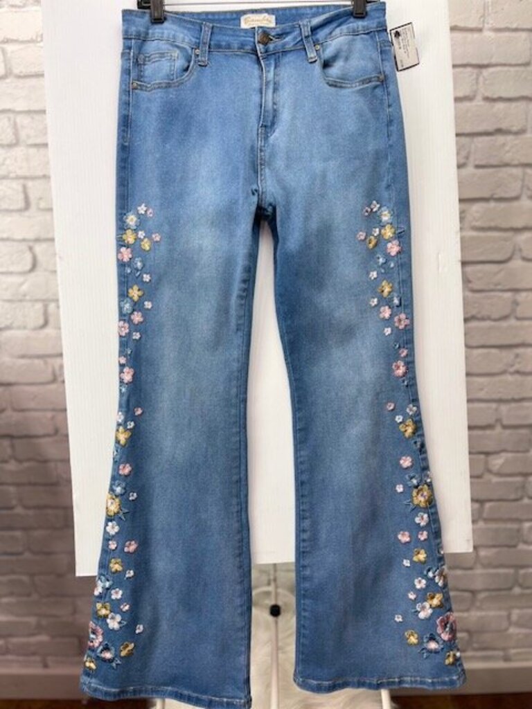 Floral Embroidery Detail Flare Jeans