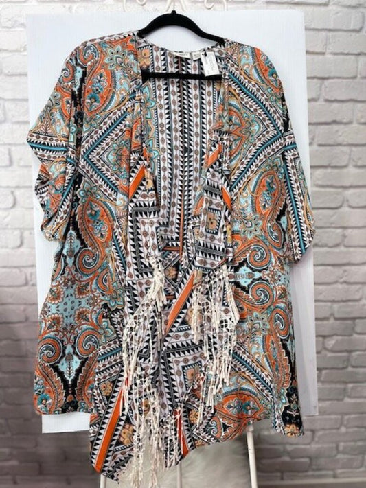 Abstract Print Duster with Fringe