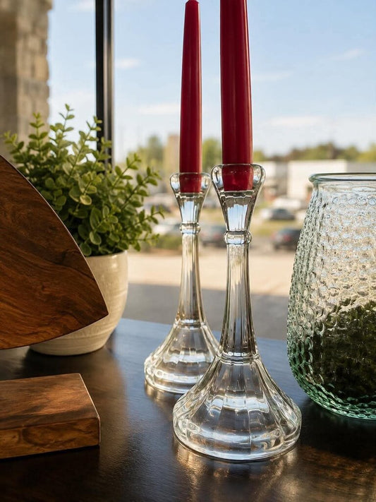 Set of 2 Clear Glass Candlestick Holders