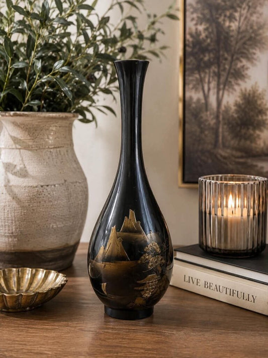 Antique Black Painted brass asian vase