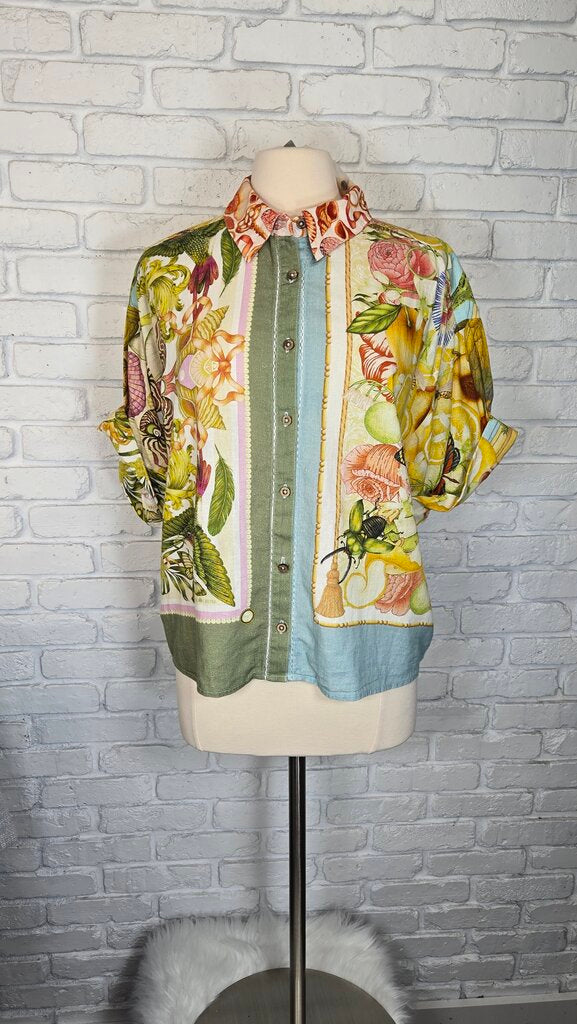 Anthropologie Yellow Outdoor Print Linen Top Size SP NEW!!