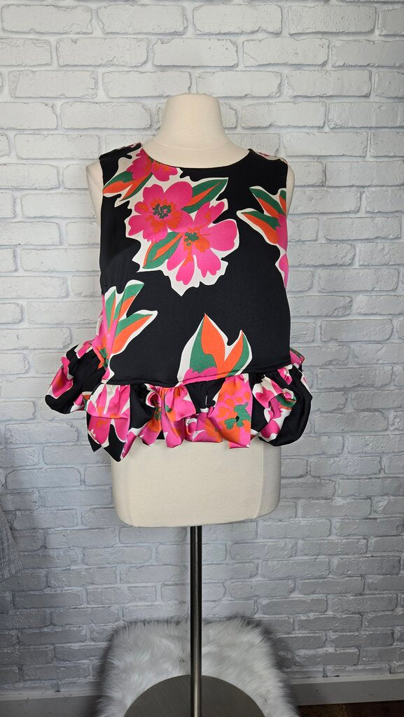 Entro Black Floral Bubble Hem Top Size L