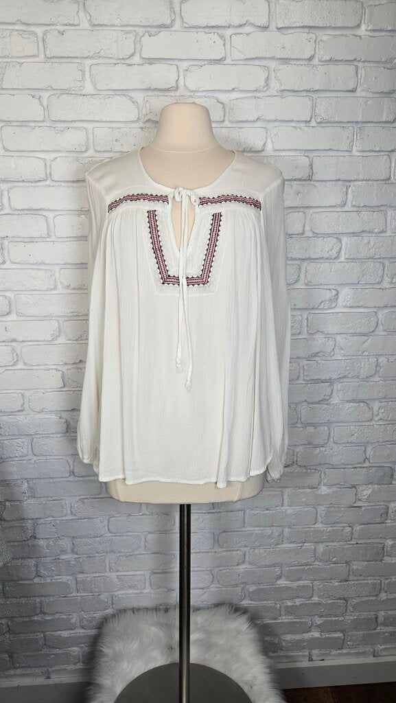 White Boho Long Sleeve Peasant Blouse Size L
