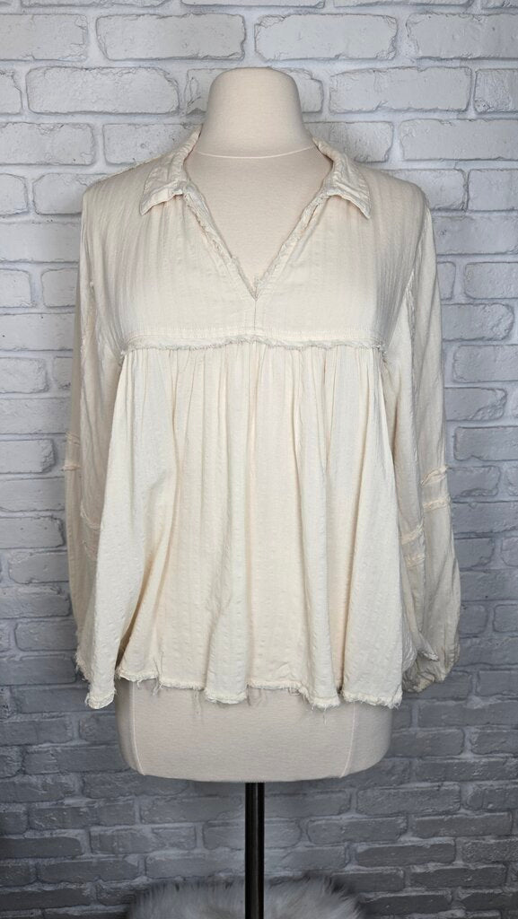 Cream Textured Babydoll Frayed Hem Tunic Size L