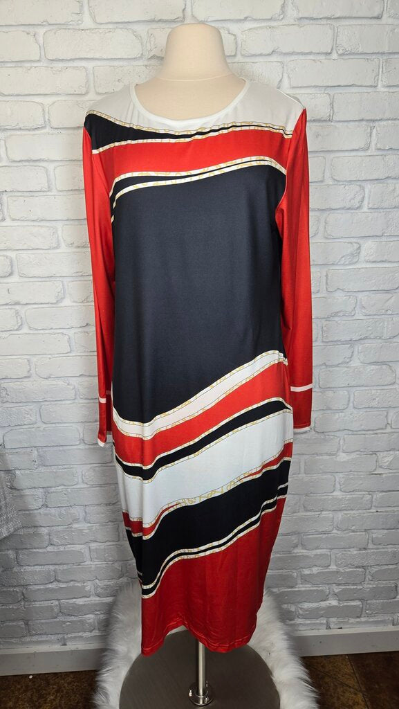 Red Navy Stripe Print Dress Size 2X