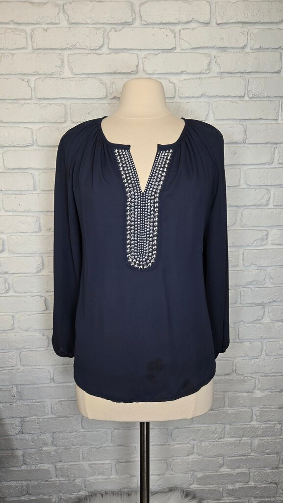 Alfani Navy Stud Detail V-Neck Top Size 8