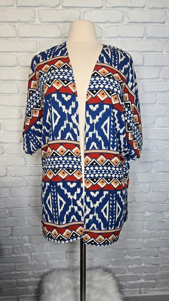 Pink Owl Blue Tribal Print Kimono Size S
