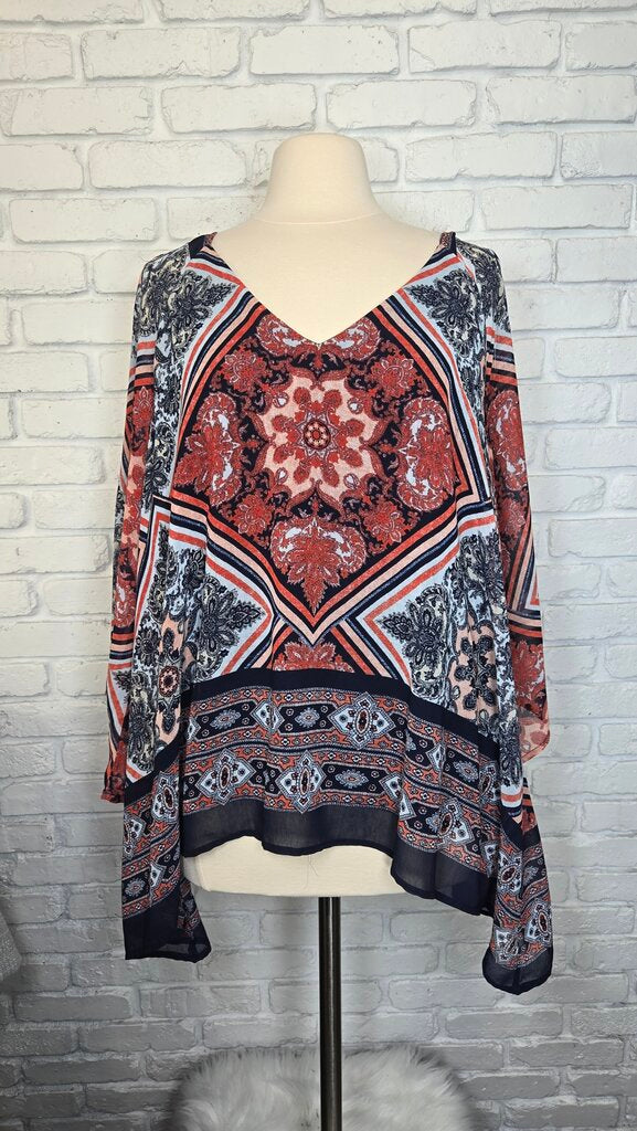 Soulmates Plus Navy Red Print Sheer Lined Top Size 1X