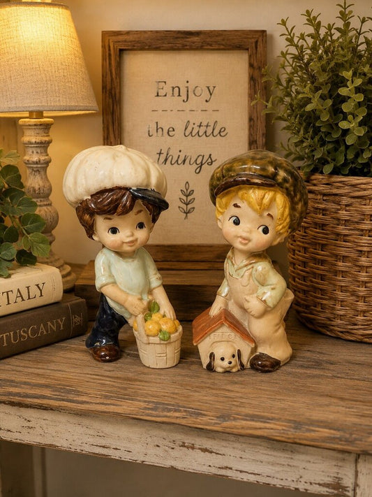 2 pc Set Collectible Glass Boy w/Dog & Boy w/Fruit Basket