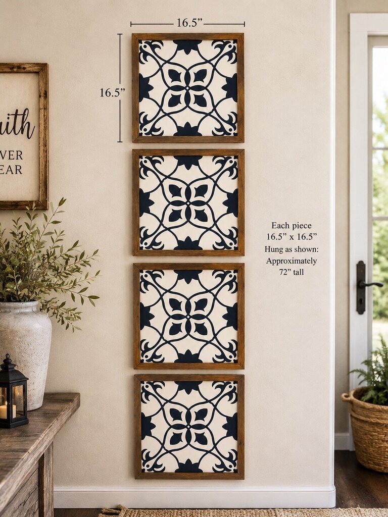 (16.5x16.5 each) Set of 4 Navy & Eggshell Deco Metal Framed Wall Art.