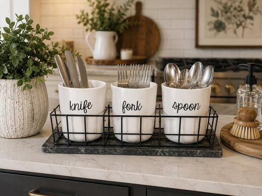 Spoon. Knife. & Fork. Utensil Holders & Metal Tray