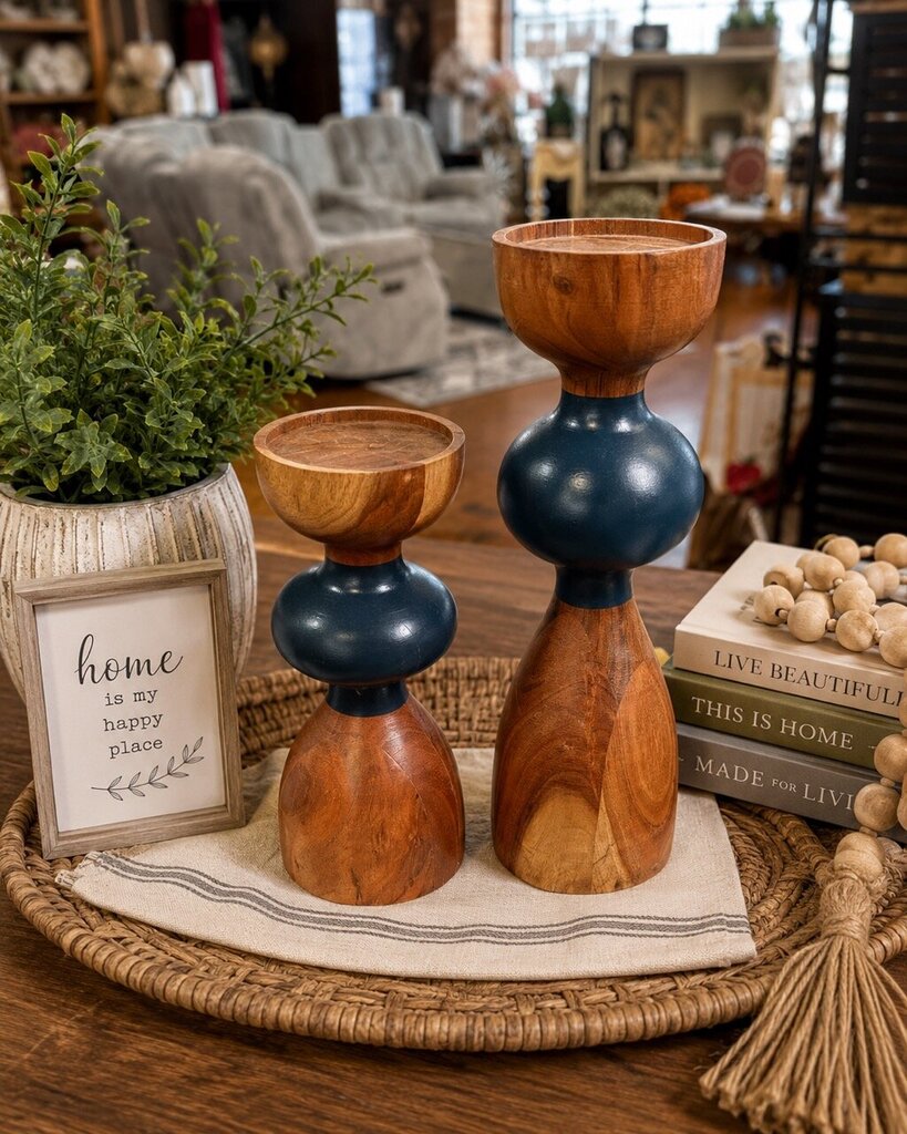 Heavy Wood & Navy Pedestals. set of two (15in & 11in)