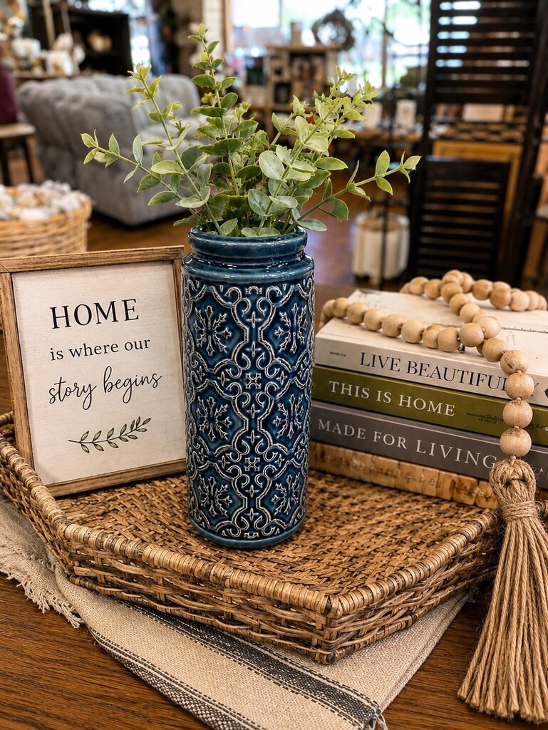 Navy Deco Vase. (10x4in) greenery not included.