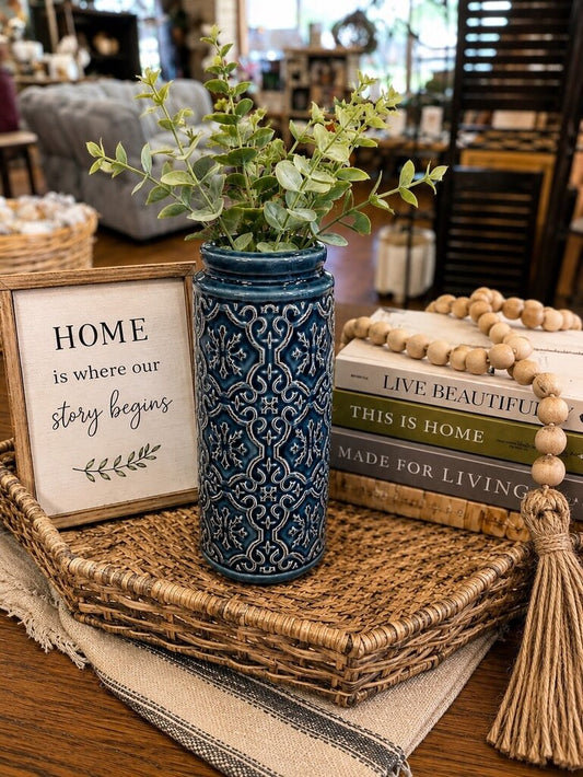 Navy Deco Vase. (10x4in) greenery not included.