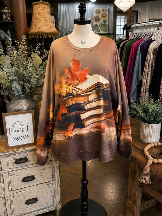 Brown Long Sleeve Blouse w/ leaves & books