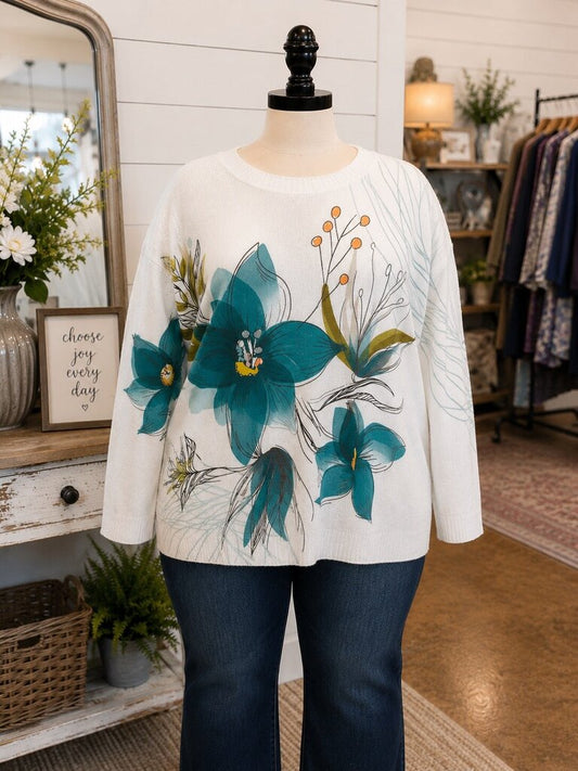White Sweater with Teal Flowers