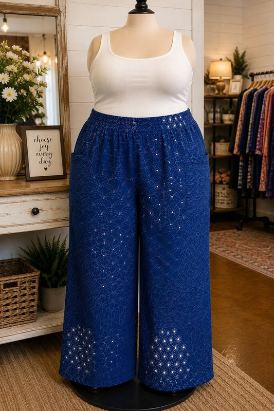 Blue Wide Leg Pull on with Front Pockets