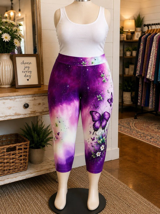 Purple Butterfly Accented Pull On Capri
