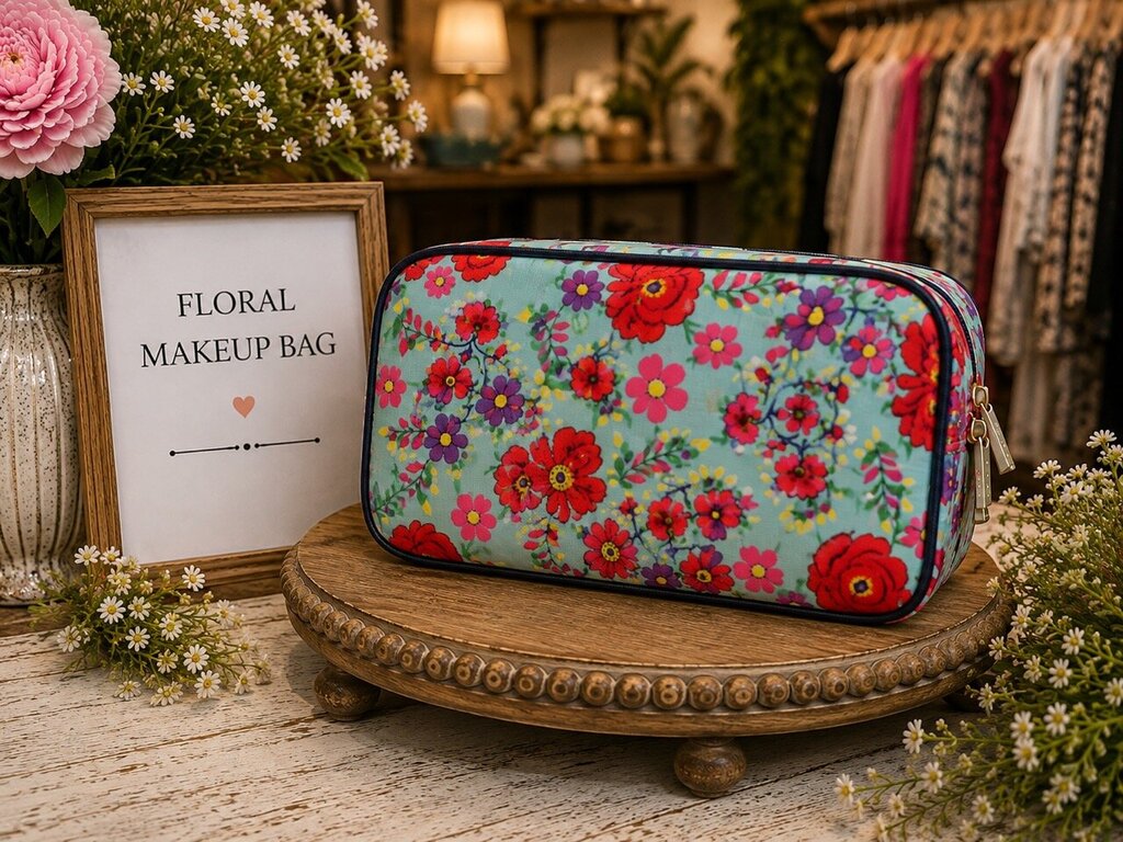 Aqua & Floral Makeup Bag