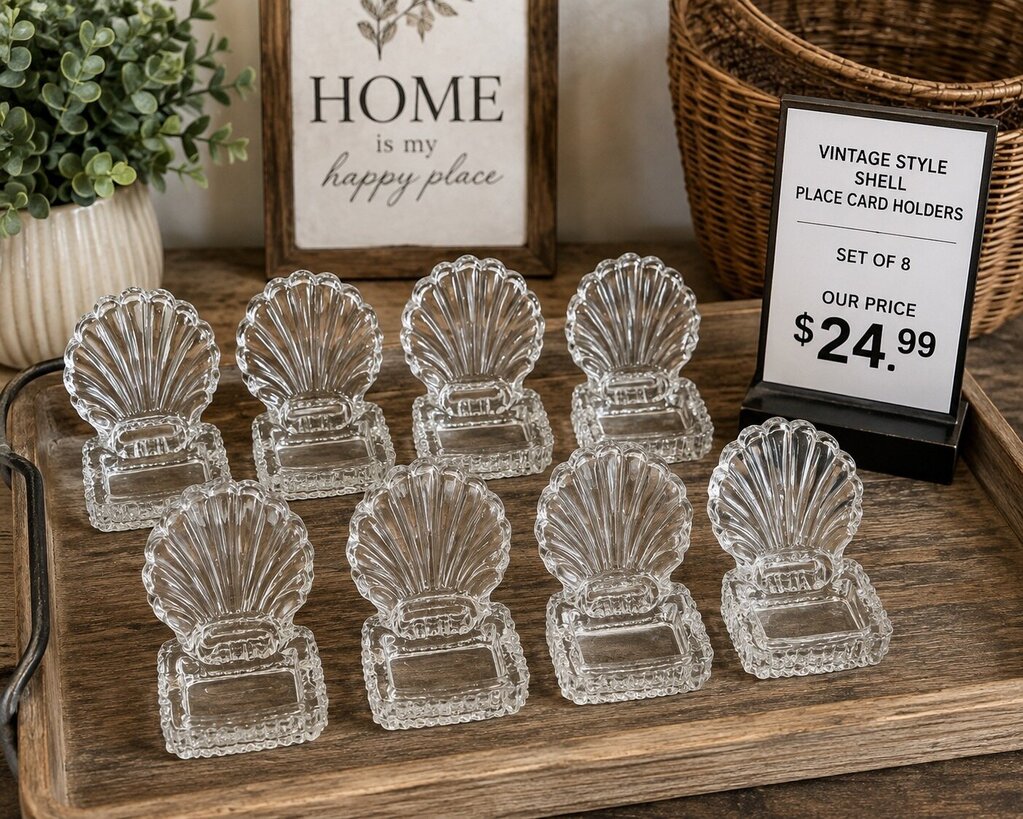 Vintage Shell Glass Place Card Holders. Set of 8.