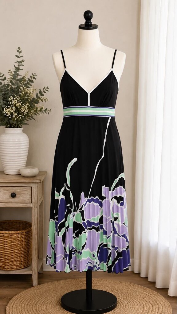 Nicole Miller Black Print Pleat Dress Size 8