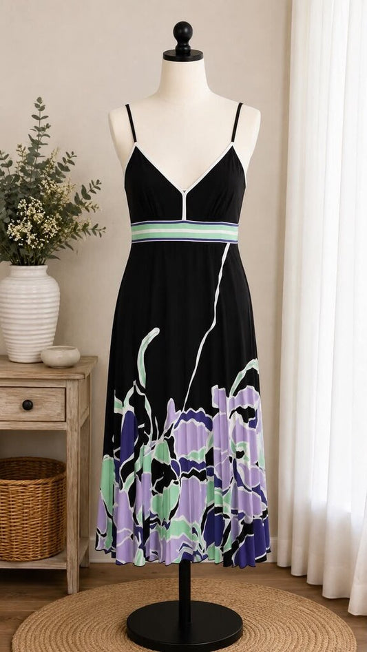 Nicole Miller Black Print Pleat Dress Size 8