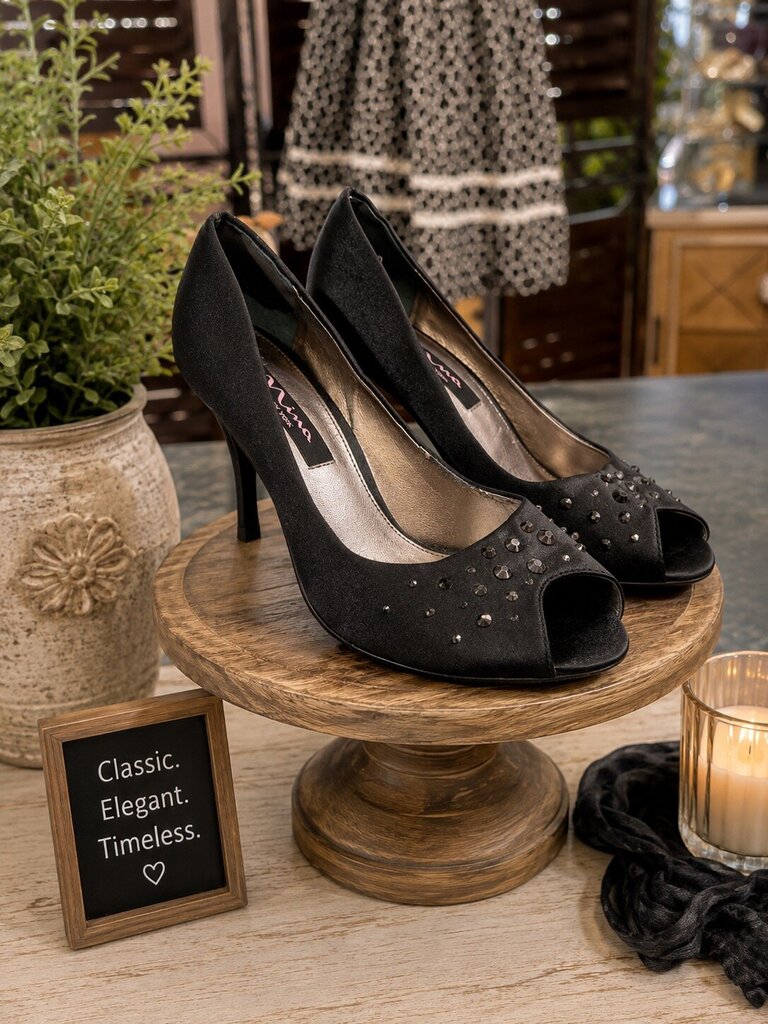Black Satin Peep Toe Heels. Retail $99