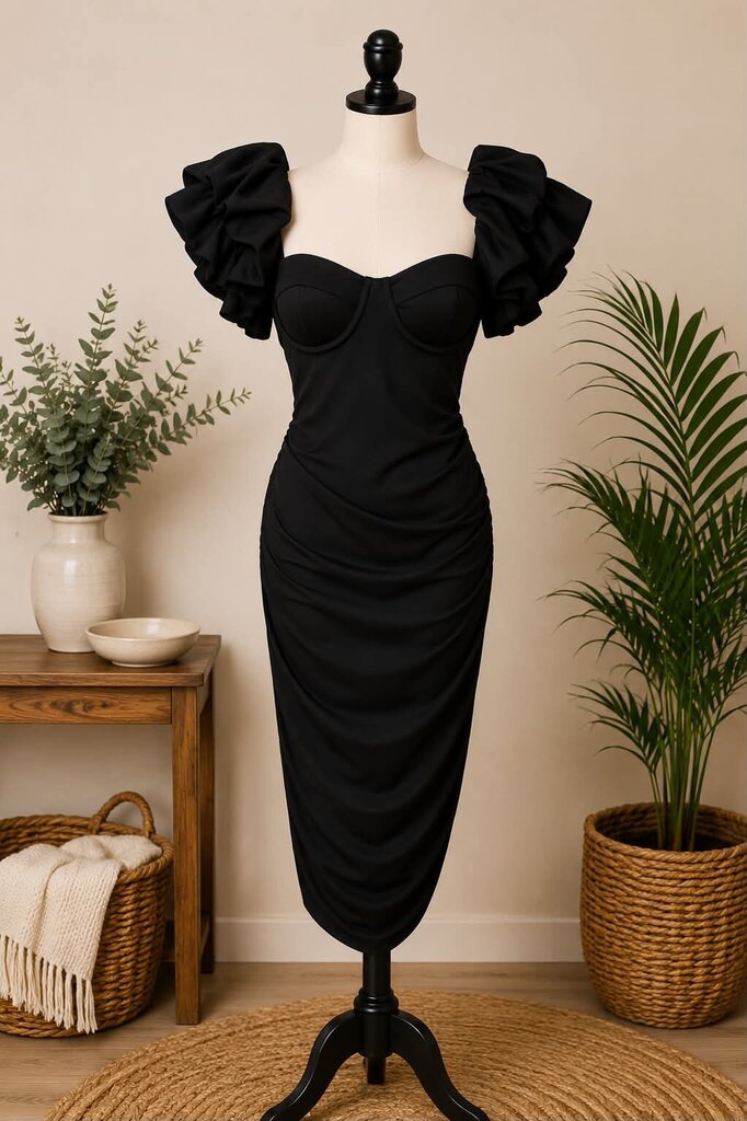 Black Ruffle Sleeve Body Con Dress Size M
