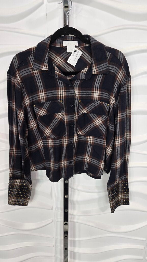 Life Navy Brown Plaid Top Size L