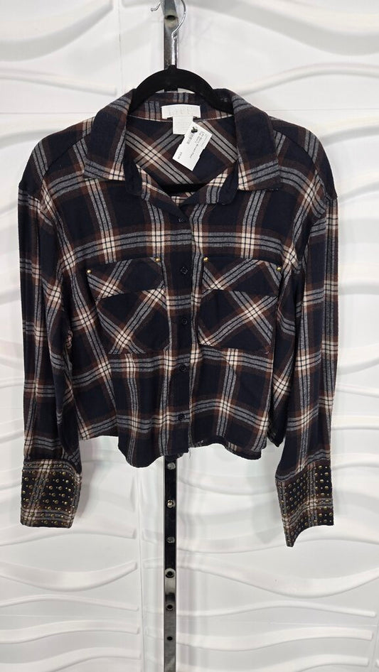 Life Navy Brown Plaid Top Size L
