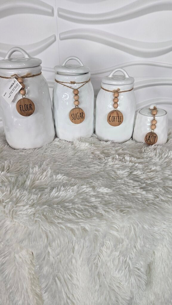 Canister Set- 4pc. White with Wooden beads