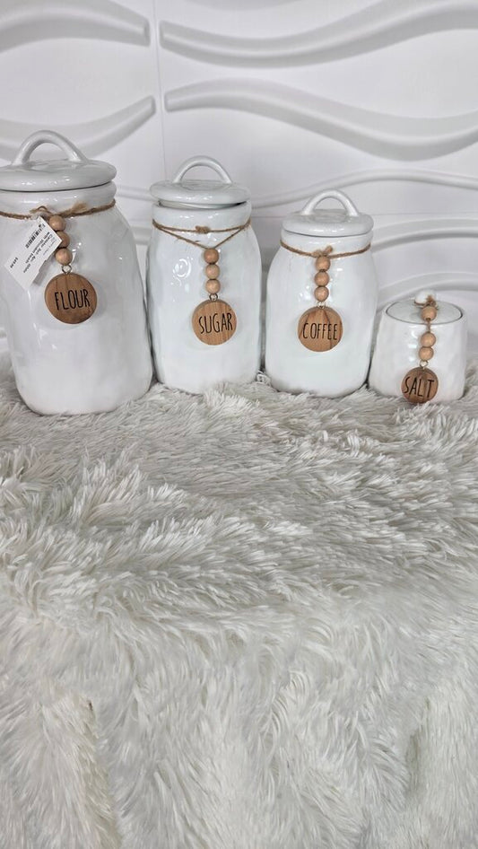 Canister Set- 4pc. White with Wooden beads