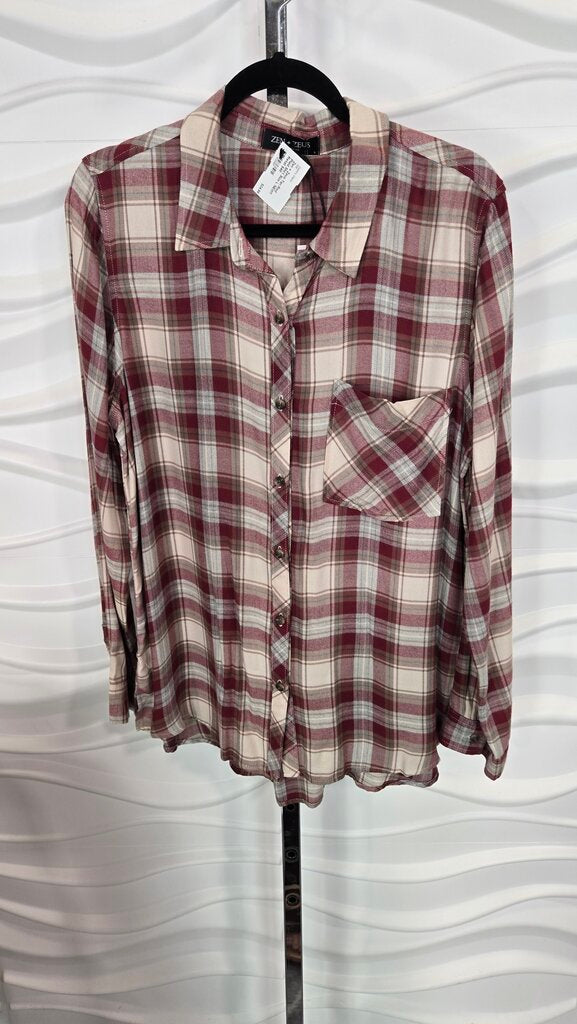 Zen + Zeus Tan Red Plaid Shirt Size L NEW!! Retail $48