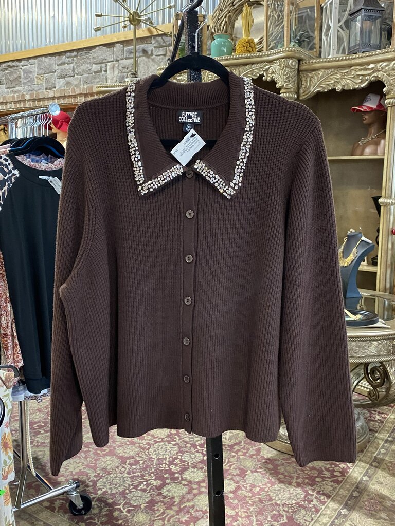 Rhinestone Detail Button Down Sweater RETAIL $48