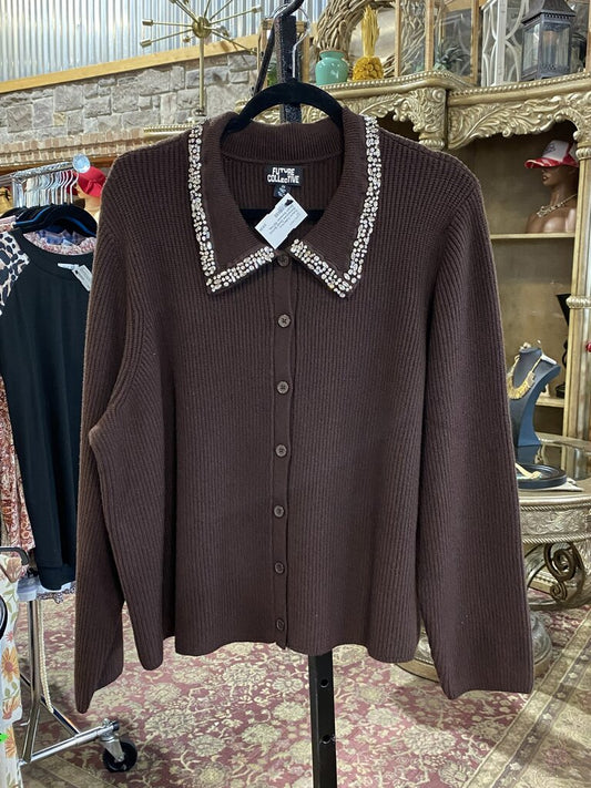 Rhinestone Detail Button Down Sweater RETAIL $48