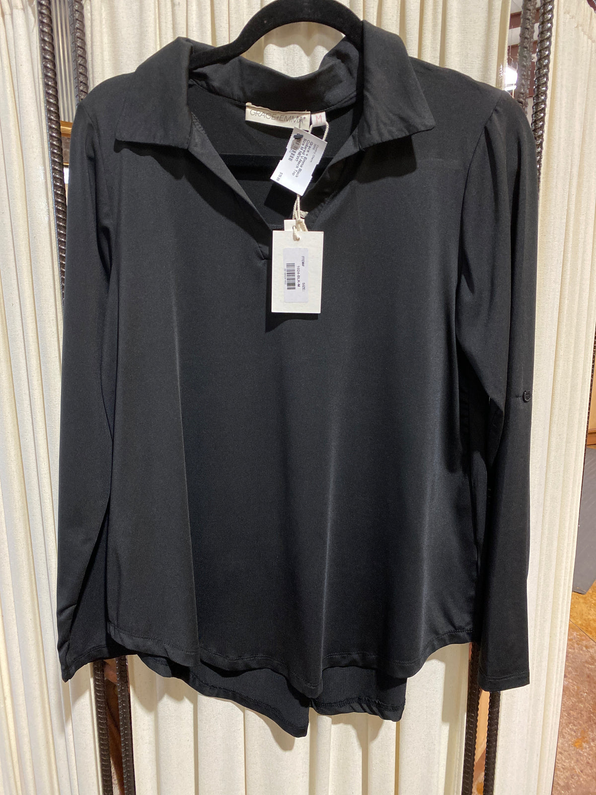 Grace + Emma Black Collared V-Neck Top Size M NEW!!