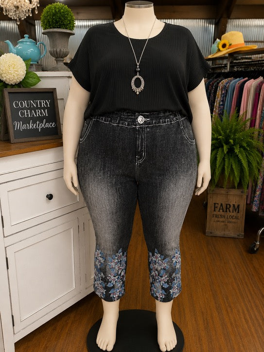 Printed Black Acid Washed with Flower Detail on Leg