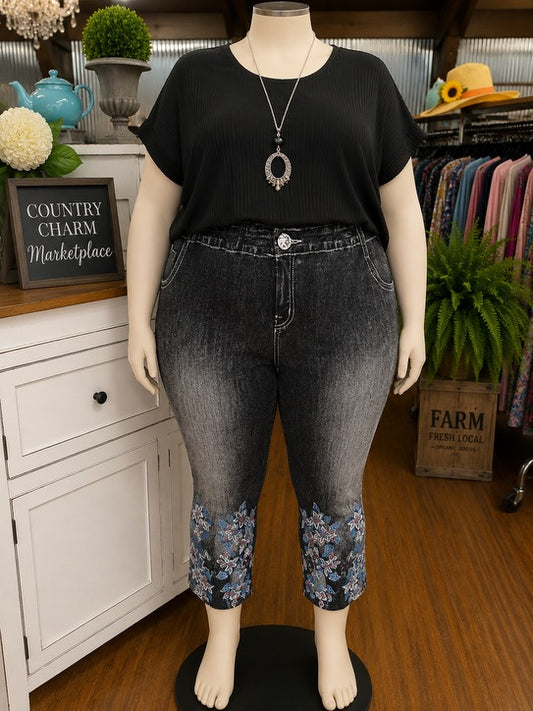 Printed Black Acid Washed with Flower Detail on Leg