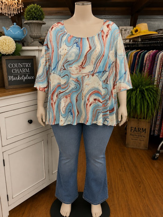 Cream Aqua & Coral Swirled Blouse
