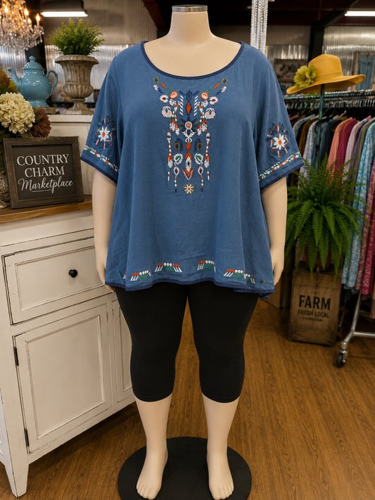 Blue Top with Boho Embroidery